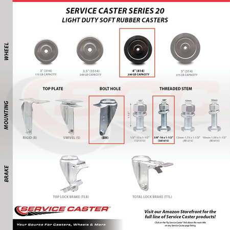 Service Caster 4 Inch Soft Rubber Wheel Swivel 3/8 Inch Threaded Stem Caster SCC-TS20S414-SRS-381615